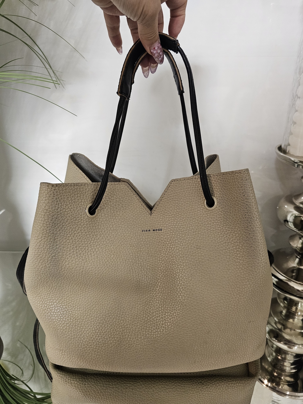 Pixie Mood Beige Pebbled Tote with Black Handles